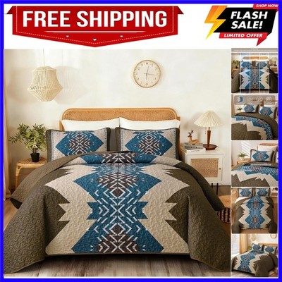 Brown Boho Quilt Set Queen, Aztec Western Quilt Bedspread Set, 3 Pieces Textu...