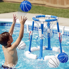 2 in 1 Pool Basketball Hoop, Floating Pool Toys, Blue 4 Balls/8 Ring Toss Game