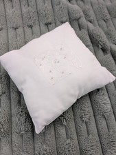 Handmade White Satin Wedding Ring Bearer Cushion Embroidered Beaded 8" Square