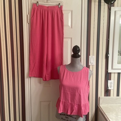 Unbranded Linen Blend Two Piece Set Hot Pink Tank Top Elastic Cropped Pants M