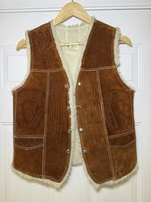 VTG 80s Genuine Leather Vest Suede Shearling Mexico Brown Beige Hippy Western S