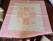Hand Sewn Embroidered Pink White VTG Keepsake Baby Blanket/Quilt 40x41"