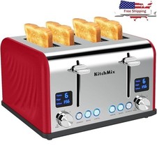Dual Control Stainless Steel Toaster W/ LCD Screen 4 Slice Bagel Defrost Reheat