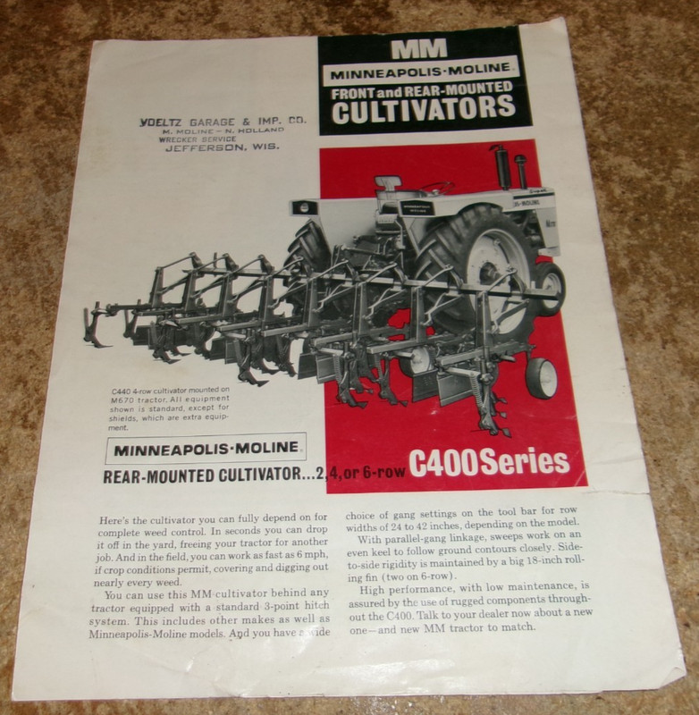 1966 minneapolis-moline front + rear cultivators 2 page brochure good used