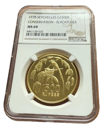 Seychelles 1978 Gold 1500 Rupees NGC MS69 Conservation - Flycatcher