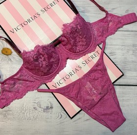 Victoria's Secret Shine Strap Dream Angels Lace Bra Brazilian Set Shimmer Pink
