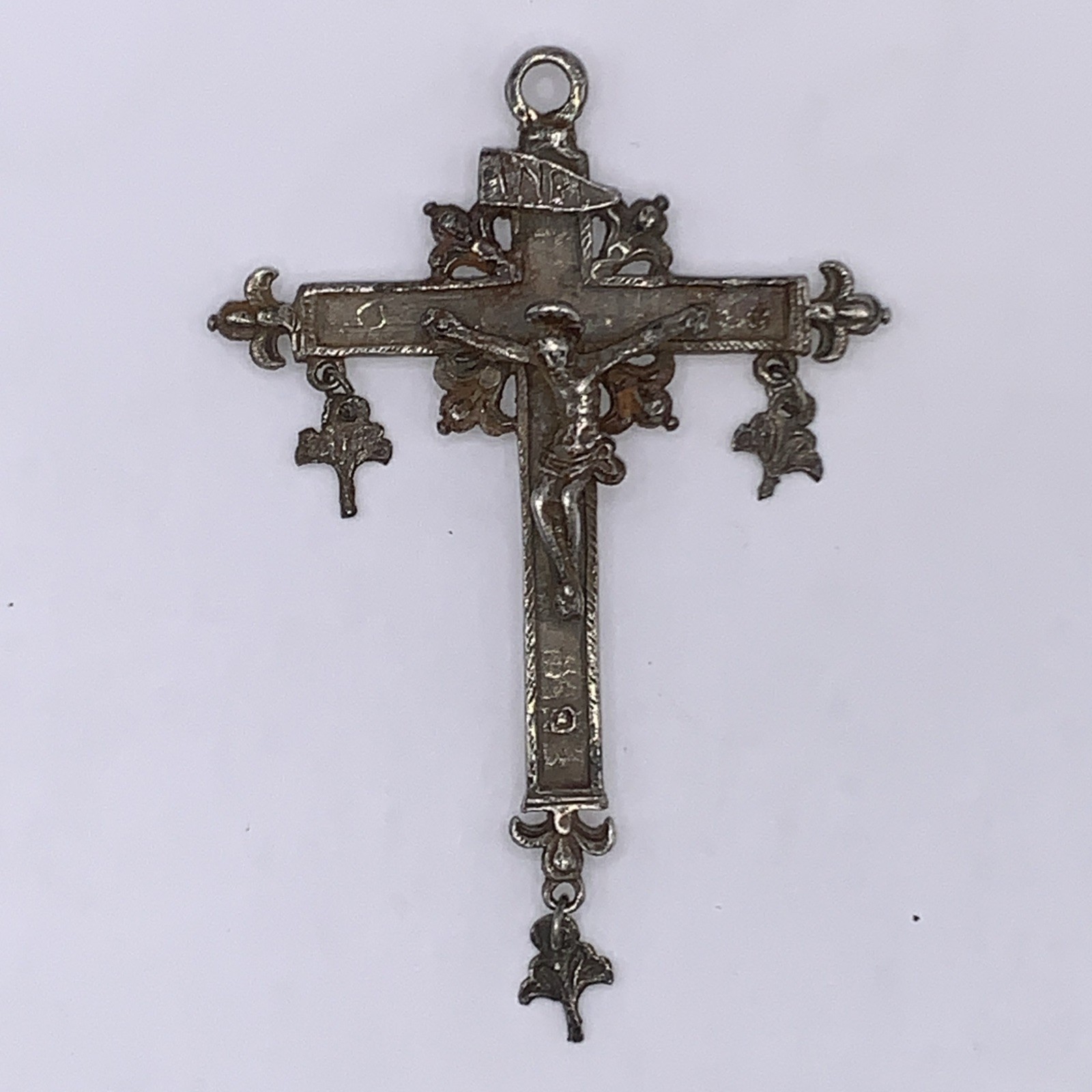Vintage Ornate Crucifix Cross Pendant Jesus Catholic Italian Rosary Silver Tone