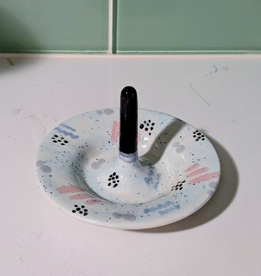 Hand Made Ceramic Ring Dish Signed Light Blues & Black