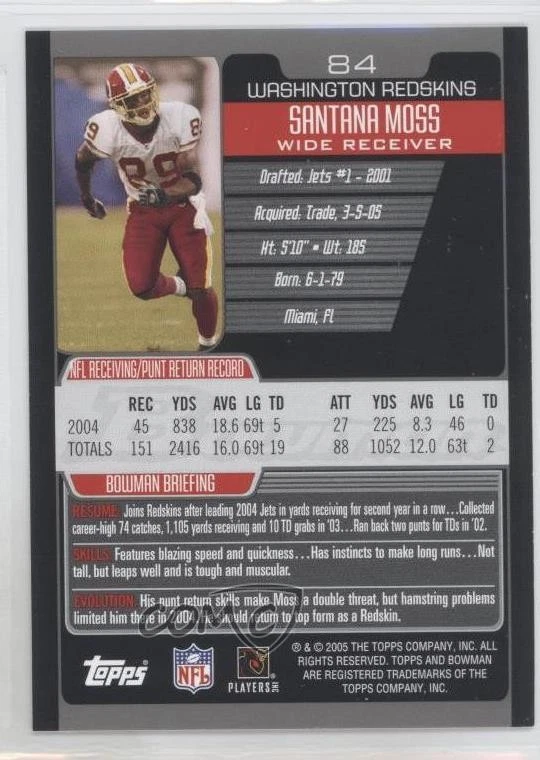 2005 Bowman 1st Edition Santana Moss #84 - Image 2 of 2