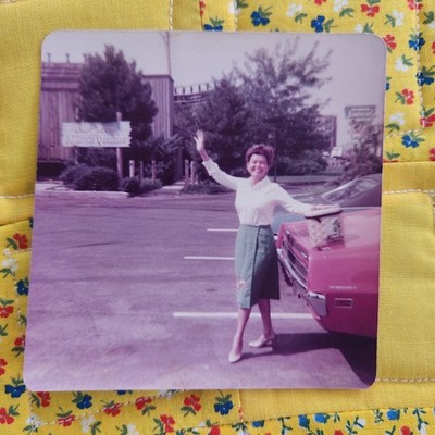 VTG Color Snapshot Photo Beautiful Woman Dancing Red Torino Car Parking Lot