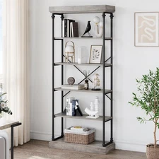 Industrial Bookshelf Wood Bookcase 6 Tier Storage Open Rack Shelf,Grey