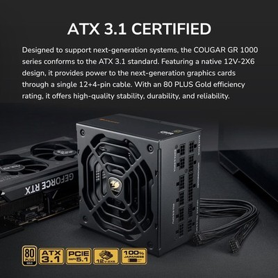 COUGAR GR1000W Power Supply - 80 Plus Gold, ATX 3.1 & PCIe 5.1 Ready - New