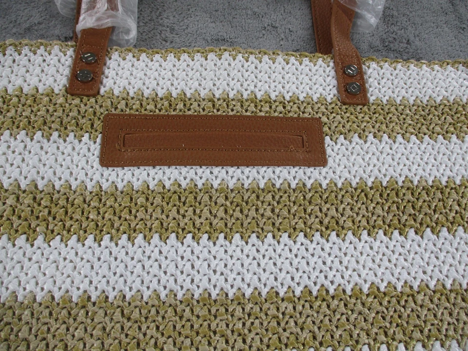 Thirty-One Jewell Tote Bag Womens Large White Olive Stripe Woven with Pouch - Image 2 of 4