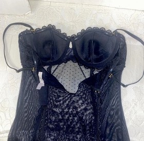 VTG VICTORIAS SECRET BLACK SLIP BODY CON MESH GARTERS UNDERWIRE 36C NIGHTIE #L80