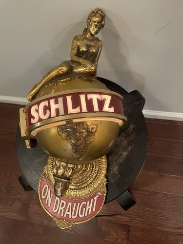 Vintage SCHLITZ ON DRAUGHT Beer Light LADY ON GLOBE Lighted Wall Sign - no shade