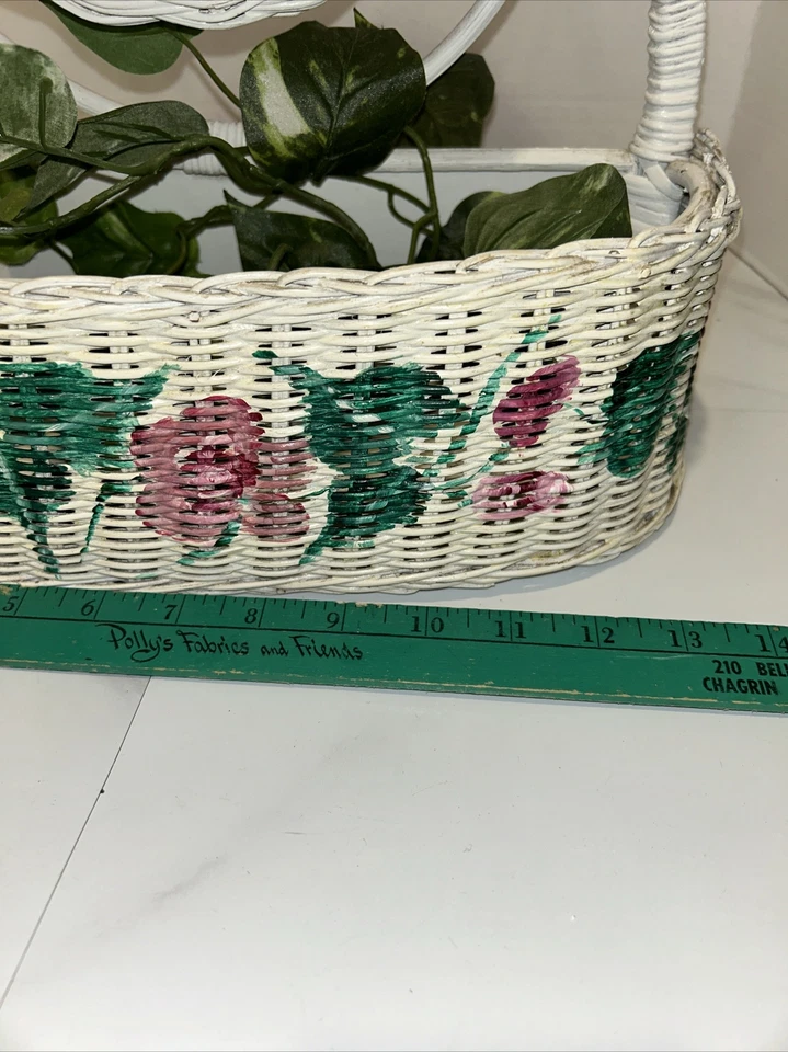 Vtg. Oval Country White Wicker Trim Vanity Chic Mirror With Painted Shelf MCM - Image 3 of 4