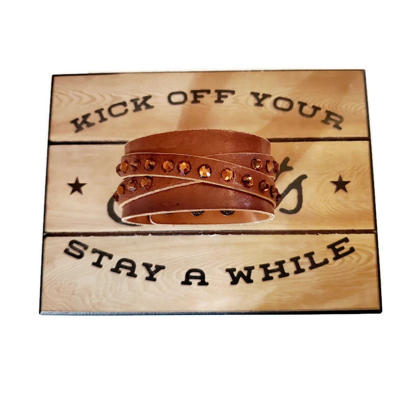 Rust Brown Boho Leather Distressed Cuff Braclet with Topaz Swarovski Crystals. - Image 2 of 4