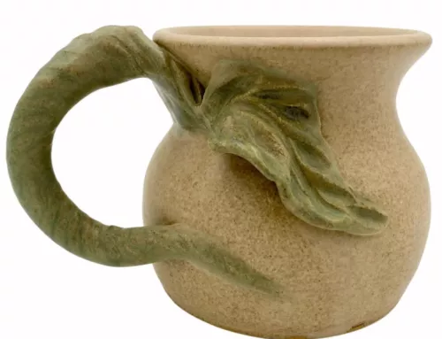 Signed Studio Round-Belly Stoneware Coffee Mug w/ Molded Leaf  & Vine as Handle