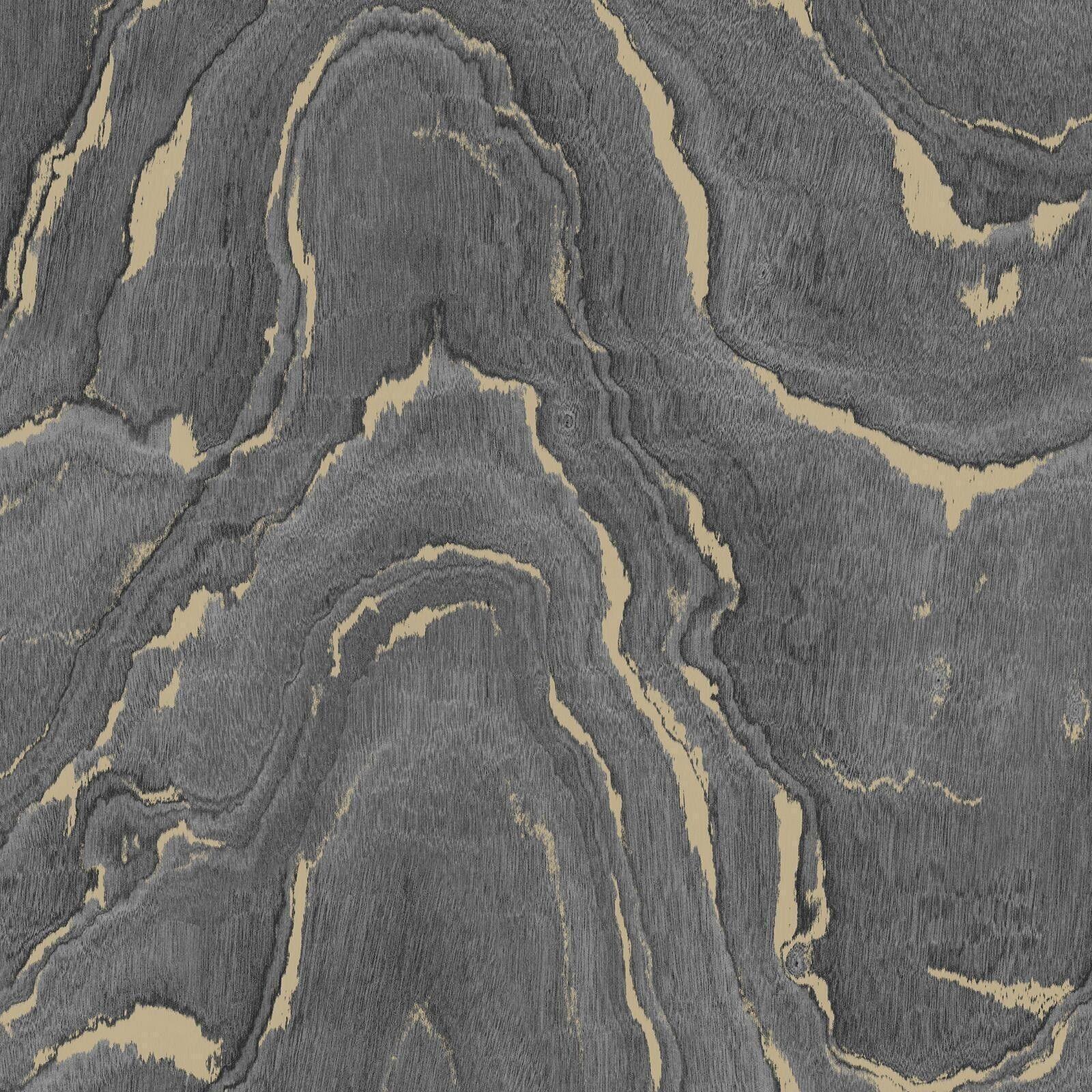 Muriva Realistic Marble Woodgrain Charcoal Grey Metallic Gold Wallpaper - Image 2