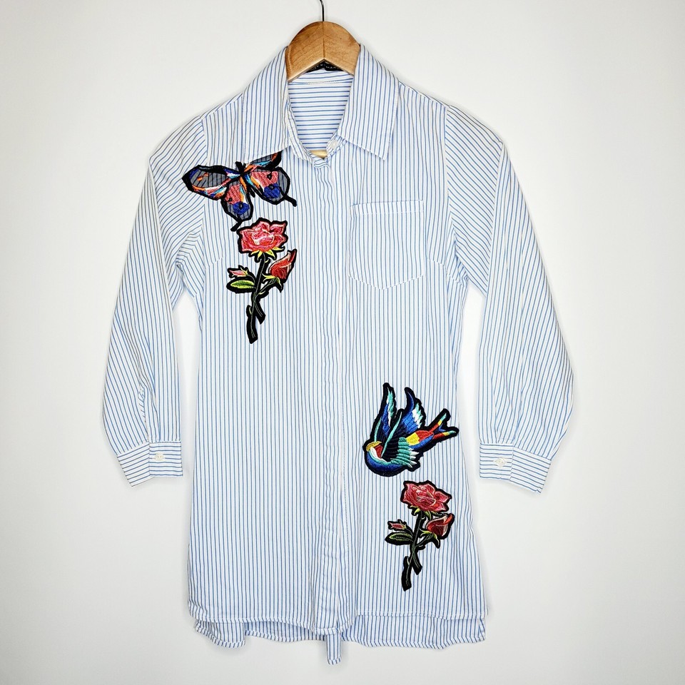 FXJC Woman Size S White Striped Embroidered Patch 3/4 Sleeve Button Up Shirt