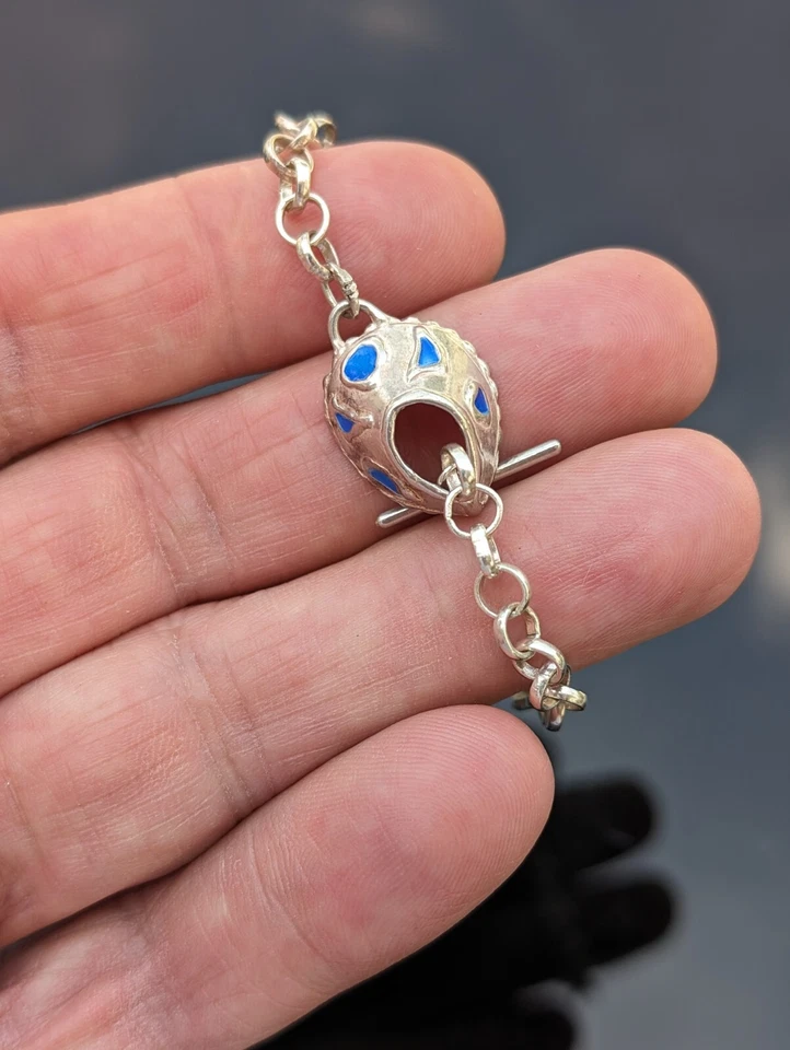 Delicate Sterling Silver Toggle Bracelet Blue Enamel Accents - Image 3 of 4