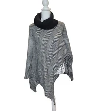Talbots Houndstooth Cowl Neck Poncho Cape Shawl XS Small Black White Fringe