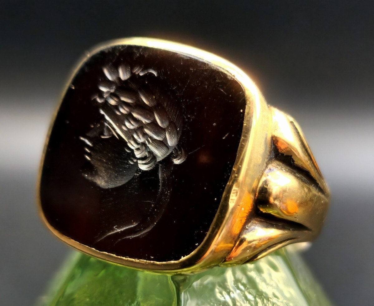10K ゴールド ヘマタイト インタグリオ リング Vintage 10K Solid Yellow Gold Hematite Intaglio Ancient Warrior
