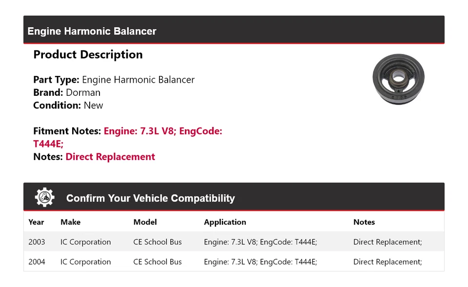 Equilibrador armónico motor Dorman autobús escolar CE 2003-2004 IC Corporation Foto 2 de 4