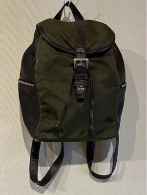 PRADA Backpack Khaki×Dark Brown Day Bag Triangle Logo Nylon