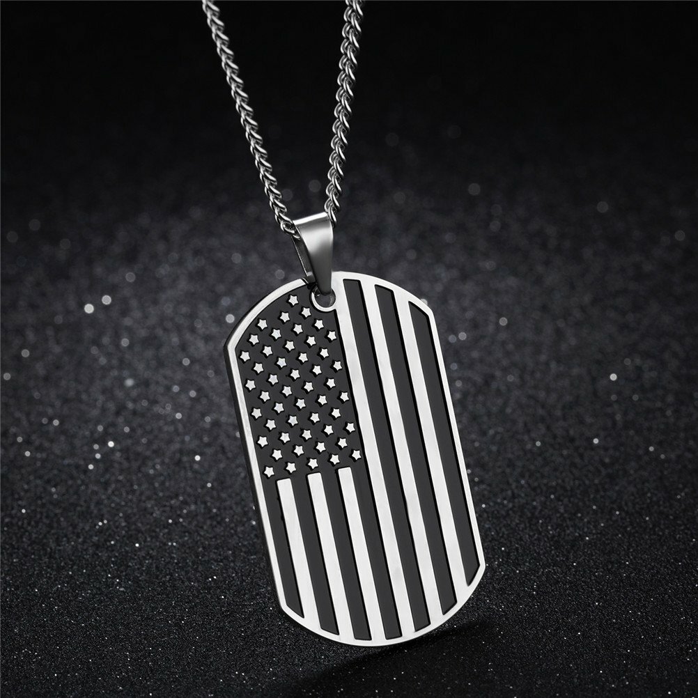 Stainless Steel American Flag Pattern Dog Tag Pendant Men Necklace Chain Jewelry