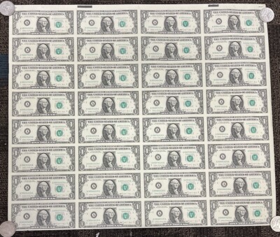 UNCUT SHEET of 1988 One Dollar Federal Reserve Notes 32x $1