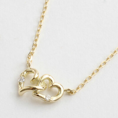 10K Solid Yellow Gold Mini Double Open-Heart Pendant Necklace 16'' 0.02ct Diamond