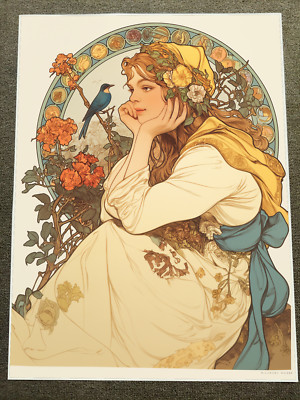 Art Nouveau Woman with Bird in Thoughtful Pose Poster 18x24in | eBay