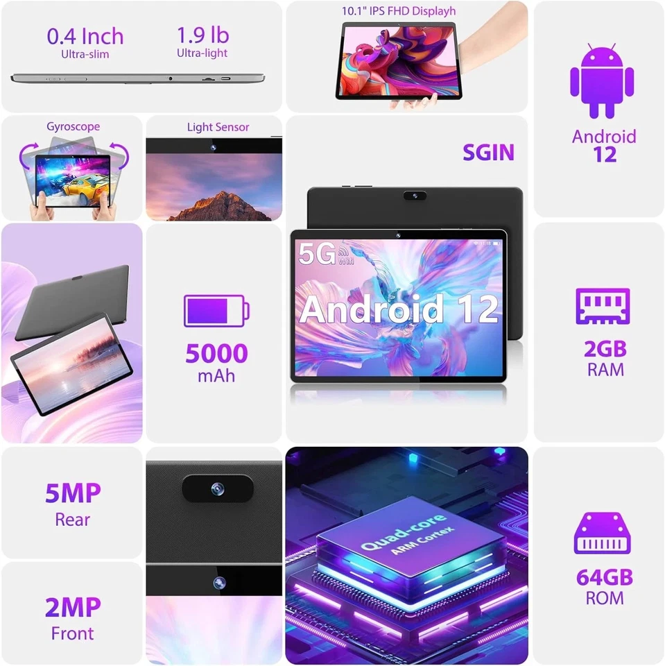 SGIN Android Tablet PC 10,1 Zoll HD Bildschirm 2GB+64GB Quad Core 2MP+5MP Kamera - Bild 4 von 4