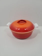 Vintage Descoware Belgium Orange Round 8" Dutch Oven Enamel Cast Iron Pot W/ Lid