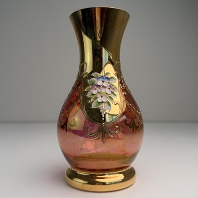 Vintage Austrian Art Glass Vase Gold Gilt Enamel Flowers Cranberry Bohemian 7 