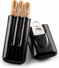 Mantello Black Leather Crocodile Embossed 3 Tube Cigar Case & Cutter Set