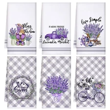Set of 6 Lavender Kitchen Towels Purple Floral Dishtowels Rustic Absorbent Pu...