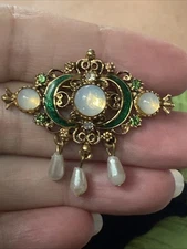 Florenza Vtg Moonstone Enamel Brooch Victorian Revival Dangle Rhinestone Ornate