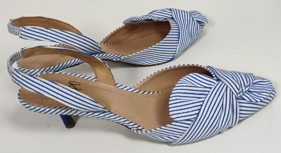 Mujer 7.5M Impo Edana Blanco Azul Brillo Rayas Sandalia Acolchada 2" Tacón Gatito Foto 2 de 4