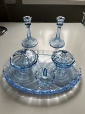 Vintage 1930’s Dressing Table Set. Blue Glass. 8 Pieces