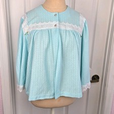 Appel Vintage Blue Bed Jacket Lace Trim Made In USA Loungewear Robe Button Front