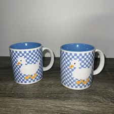 Set Of Vintage 90s Goose Mugs Blue White Checkered Double Sided