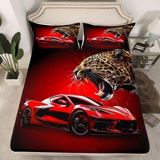 Red Race Car Bed Set Twin Size, Speed Sports Car Bedding Set Boys Girls Leopa...