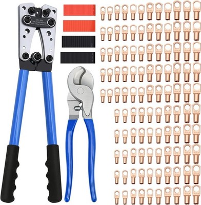 Cable Lug Crimping Tool w/Copper Wire Lugs for AWG 10-1/0 Electrical Lug Crimper
