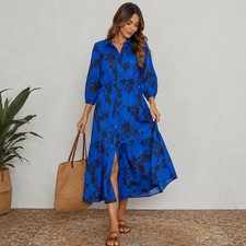 Dress Barn Blue Black Floral Cotton Button Front Tiered Maxi Shirt Dress Large