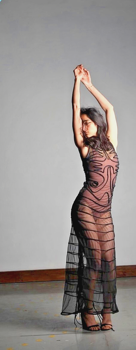 sexy black sheer dress Mesh Handmade Designer Avant Garde See Through Bodycon photography gown ideas Kaleidoscope Black Belt Detail Seam Length:30 Stretchy mesh knit shapes