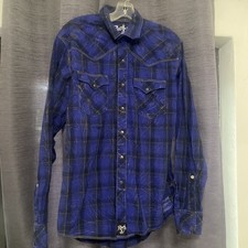 Rock 47 Wrangler Men  s Western Shirt Medium Blue Embroidered Pearl Snaps