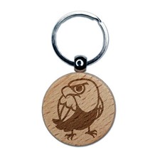 Cute and Grumpy Bald Eagle Engraved Wood Round Keychain Tag Charm