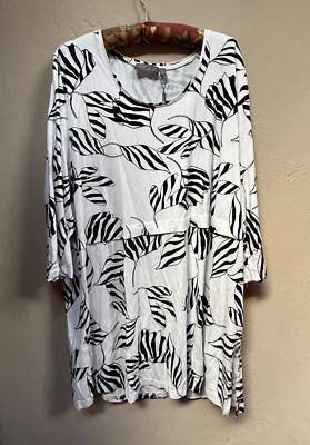 Selection by Ulla Popken Womens Leaf Print Tunic Top 20/22 White Black Casual